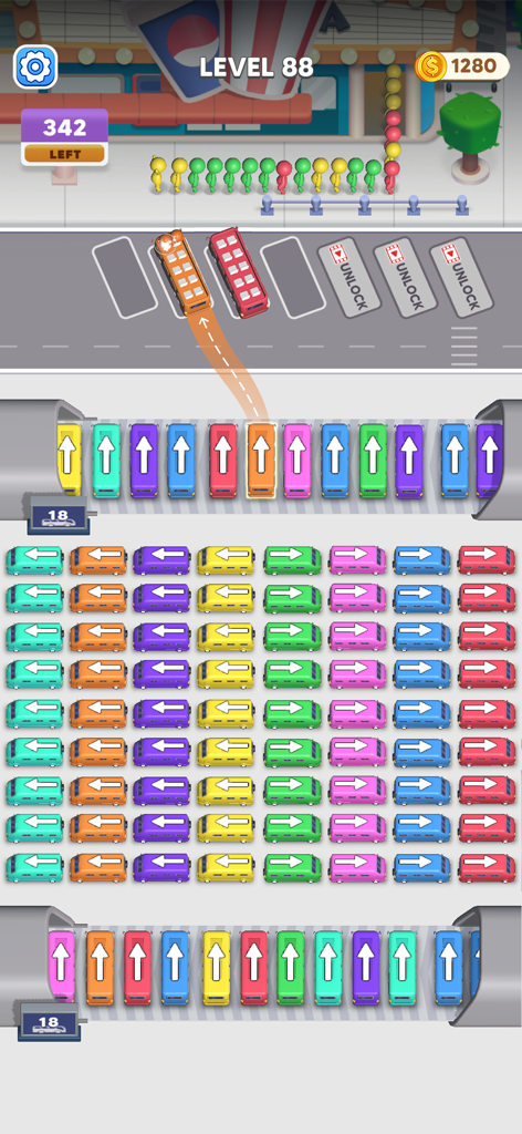 Bus Crazy: Jam Escape - Gameplay of Bus Crazy Jam Escape showing colored buses and passengers waiting at level 88