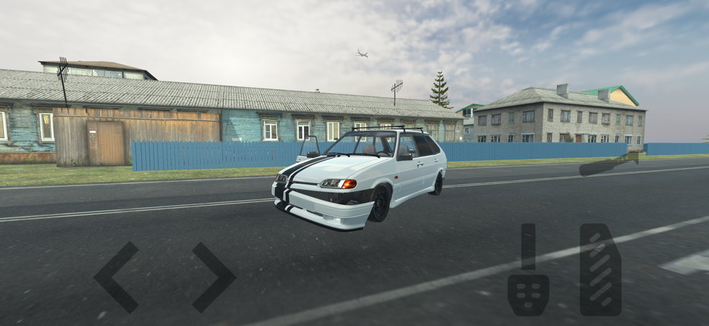 White hatchback with black stripes in a rural village setting