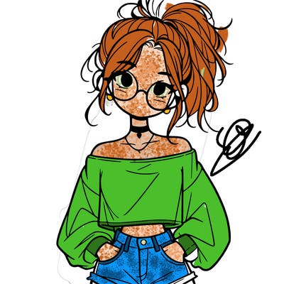 girl with a messy ponytail glasses a baggy crop top and jean shorts