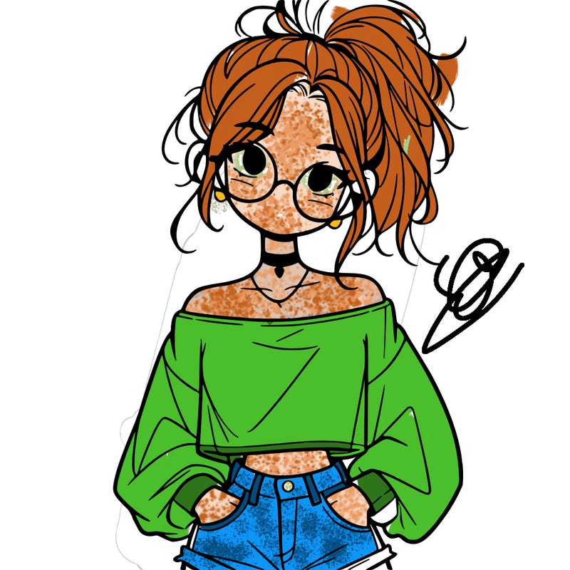 girl with a messy ponytail glasses a baggy crop top and jean shorts