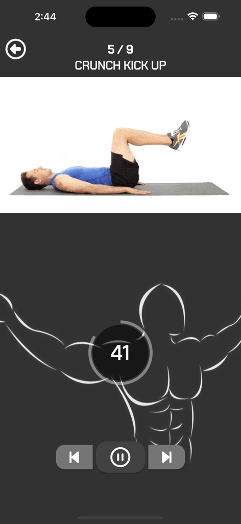 Home Workout : No Equipments - Hombre realizando un ejercicio de abdominales y patada ascendente en una esterilla con un temporizador de cuenta regresiva.