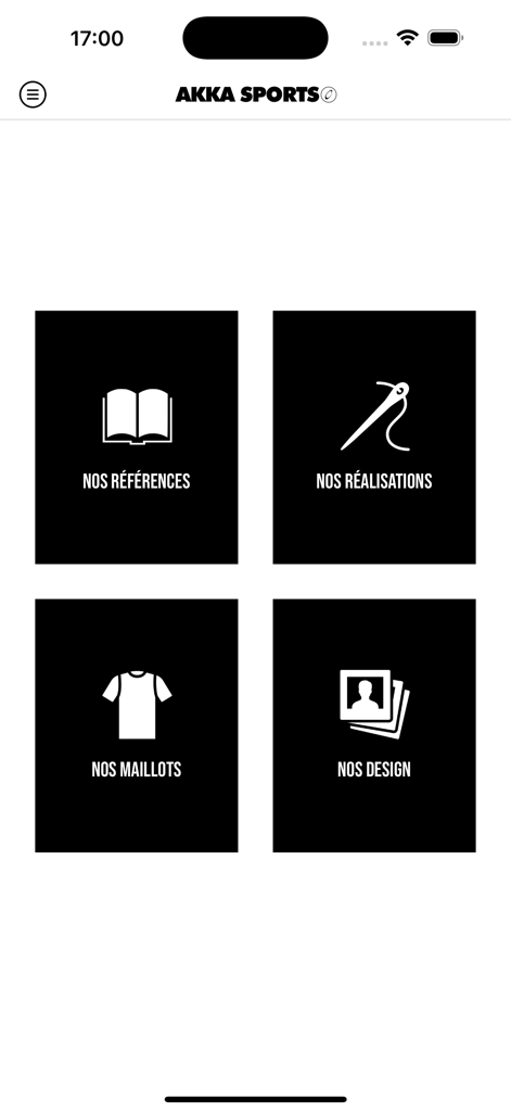 Akka sports - The main menu of the Akka sports app displaying navigation tiles for references creations jerseys and designs