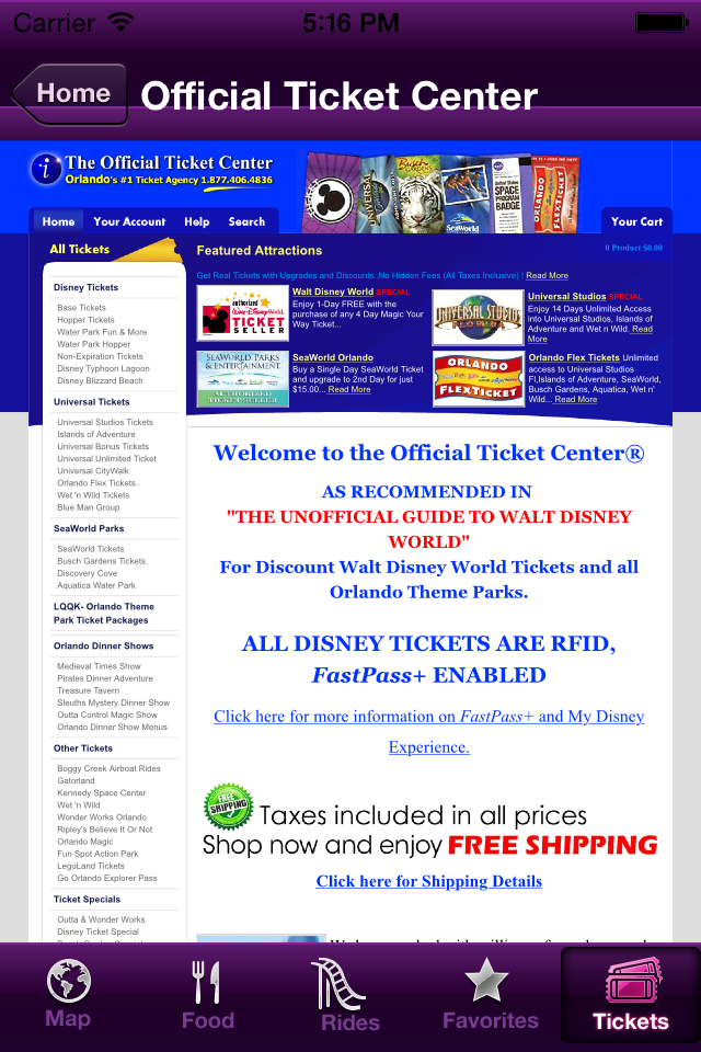 Mobile app screen showing discounted ticket options for Disney World Universal Studios and SeaWorld Orlando