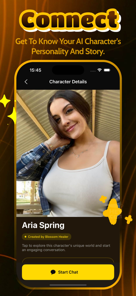 Fitio - Chat, Message - Fitio app screen showing an AI character profile named Aria Spring with a button to start a chat