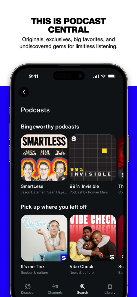 A smartphone displaying the SiriusXM app podcast section with popular titles like SmartLess and 99% Invisible.