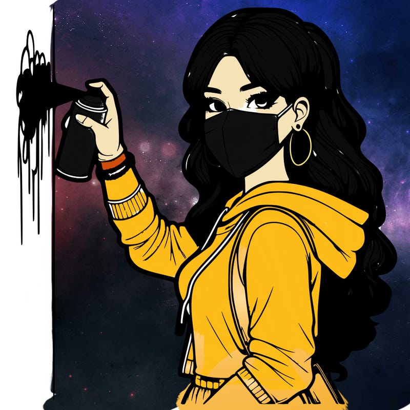 realistic girl with mask spray painting a wall