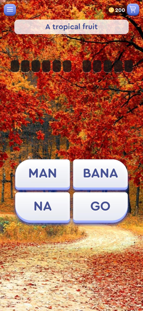 Una pantalla de juego de puzzle de palabras con un fondo de paisaje de otoño y una pista sobre frutas tropicales.