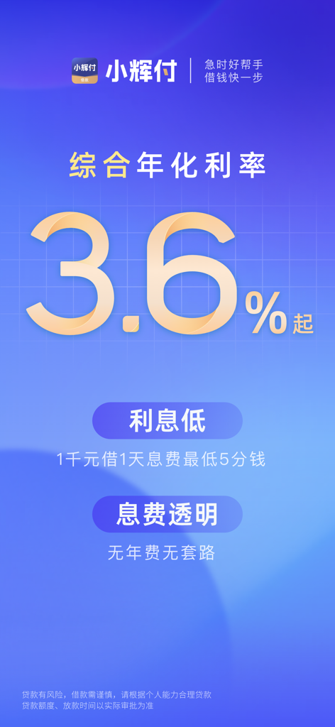 小辉付(借款)- 大额手机借贷现金借钱平台 - Interfaz de la aplicación de préstamos Xiao Hui Fu que muestra una tasa de interés anual del 3,6 por ciento y detalles transparentes de las tarifas.