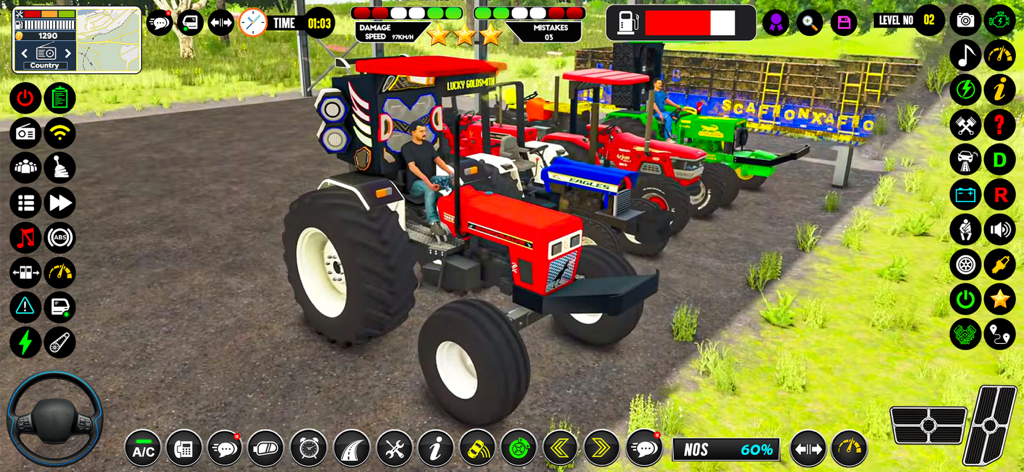 Tochan Tractors & Fields care - A lineup of colorful tractors in a yard from the Tochan Tractors farming simulator game