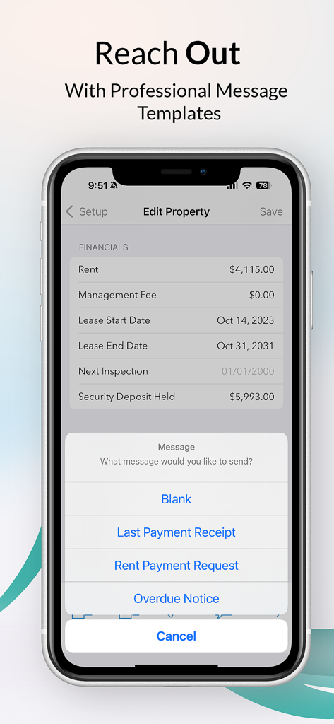 Tela do aplicativo do proprietário mostrando modelos de mensagens profissionais para comunicação com inquilinos, incluindo solicitações de pagamento de aluguel e notificações de atraso