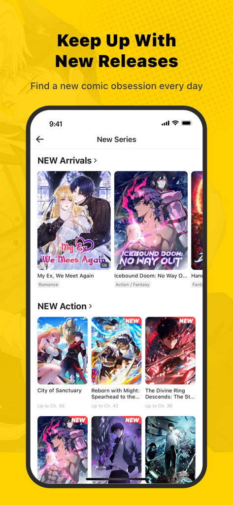 WebComics App-Oberfläche mit Neuerscheinungen und angesagten Action-Manga-Serien