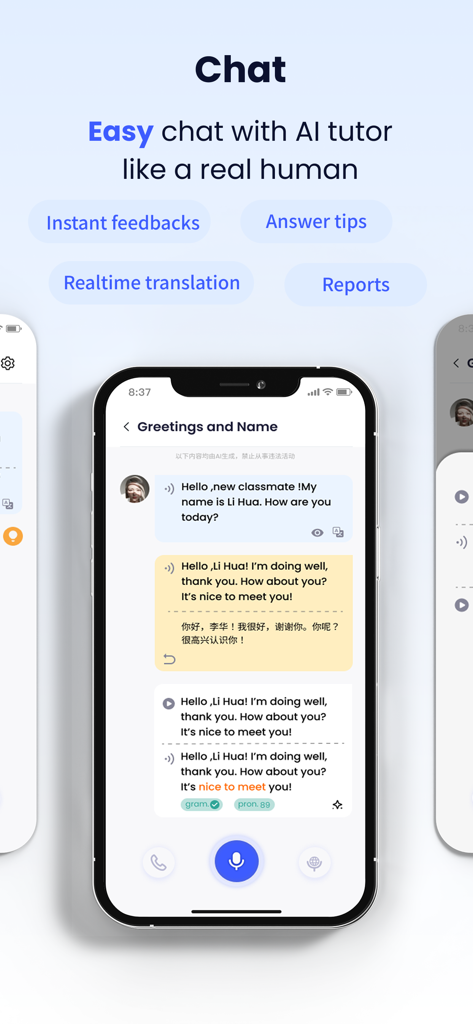 Interfaz de chat de tutor AI de Sky Lingo que muestra traducción y retroalimentación en tiempo real