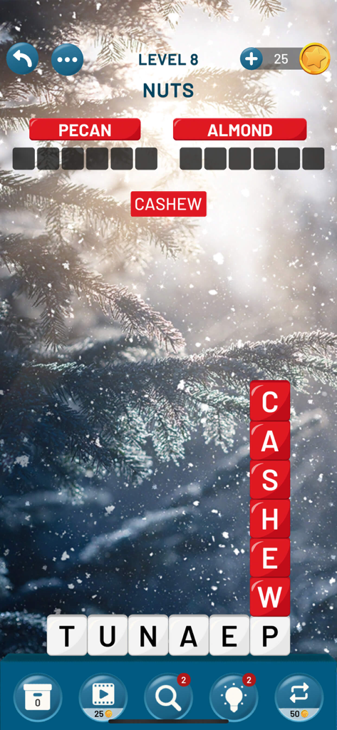 Word Tower: Relaxing Word Game - Gameplay of Word Tower showing a word search puzzle with a snowy forest background and the theme 'Nuts'.