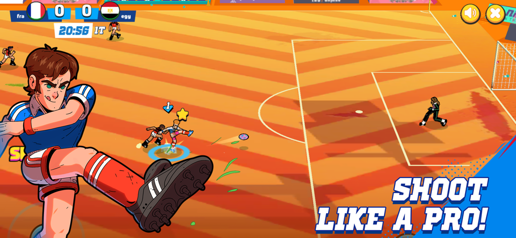 Golazo! - A hand-drawn soccer player in a blue jersey shooting the ball on an orange-colored arcade field with the text shoot like a pro