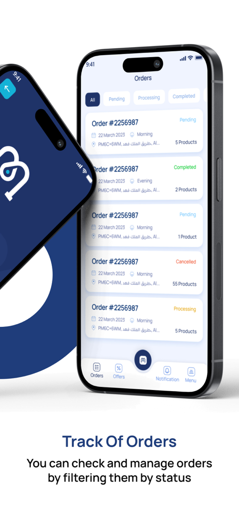 MoyaApp mobile interface showing a list of customer orders with their current status like pending completed or cancelled