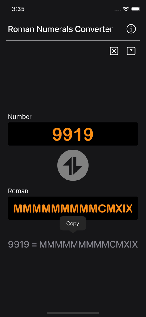Roman Numerals Converter Plus app interface showing conversion of Arabic number to Roman numerals