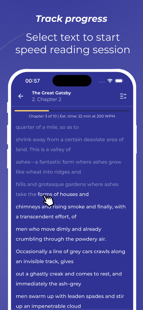Readly: EPUB Speed Reading - Readly app interface showing the track progress screen with text from The Great Gatsby and a cursor selecting a phrase to start a speed reading session
