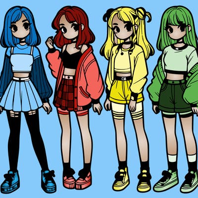 one girl with crop-top shirt and a jacket with a skirt, long socks and another girl with a shirt and pants with a jacket