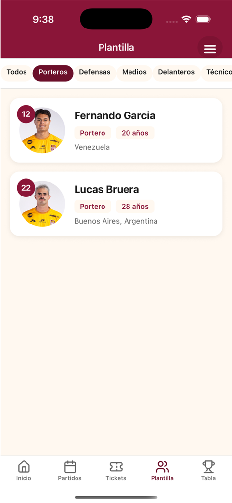Carabobo FC - Schermata del roster dell'app Carabobo FC che mostra i profili dei portieri Fernando Garcia e Lucas Bruera
