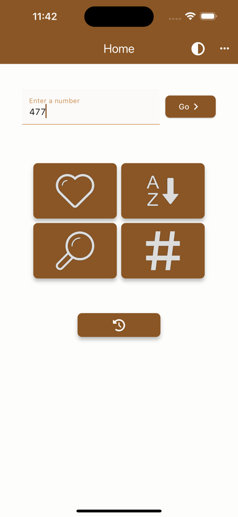 SDA聖歌隊アプリのホーム画面。検索バーと、お気に入り、アルファベット順インデックス、検索、履歴のボタンが表示されています。