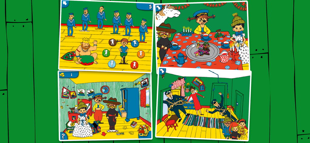 Quatro capturas de tela do aplicativo Vila Vilekula da Pippi mostrando vários minijogos e atividades de personagens.