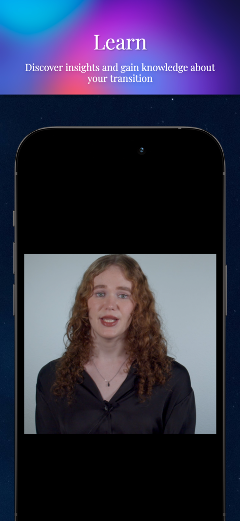 Tela de aprendizado do aplicativo Hormone Helper exibindo um vídeo educacional para insights de transição