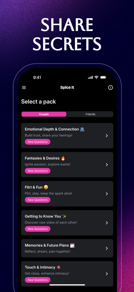 Spice It: Couple Games - Interfaz de la aplicación Spice It que muestra diferentes paquetes de juegos para parejas como fantasías y conexión emocional