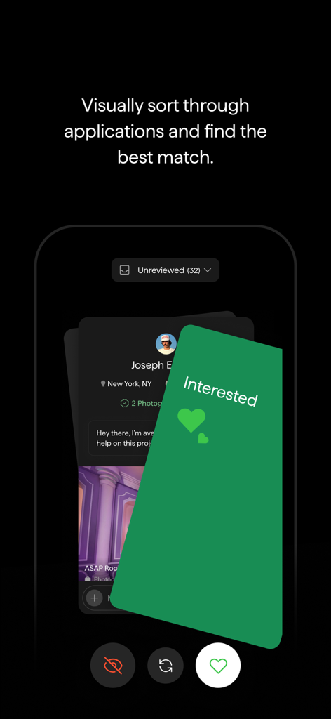 NOVA: The Creative Network - Écran mobile montrant le tri visuel des candidatures de talents créatifs dans l'application NOVA.