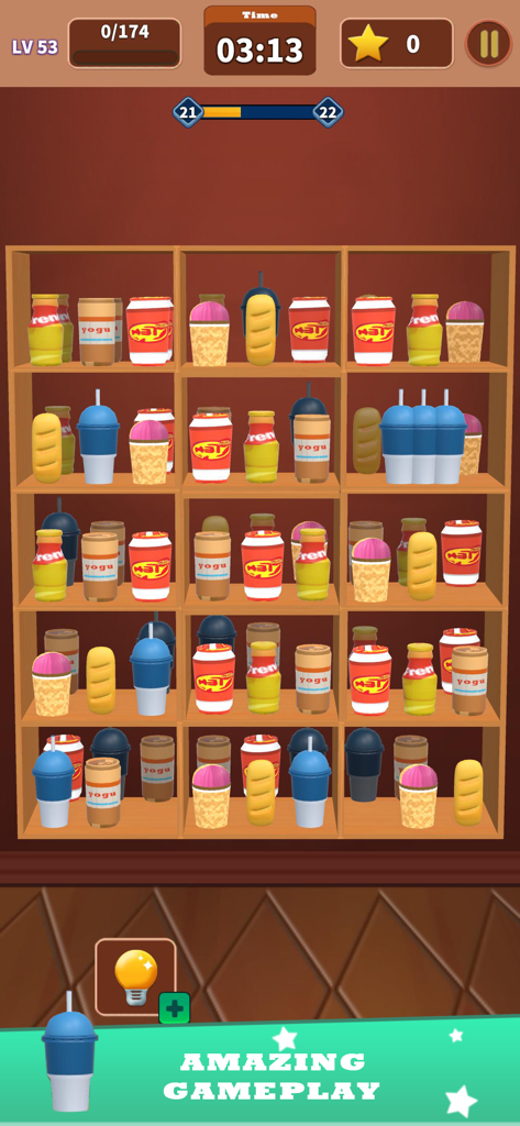 Goods 3D Sorting game grocery - Pantalla de juego de Goods 3D Sorting que muestra varios artículos de comestibles en un estante