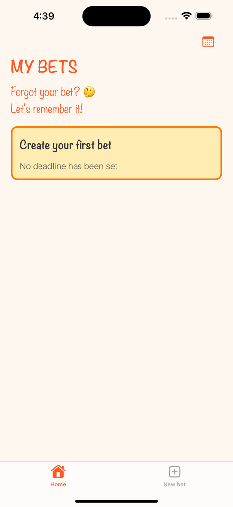 Dispute Diary - Pantalla de inicio de la aplicación Diario de Disputas mostrando la sección Mis Apuestas y una indicación para crear una nueva tarjeta de apuesta