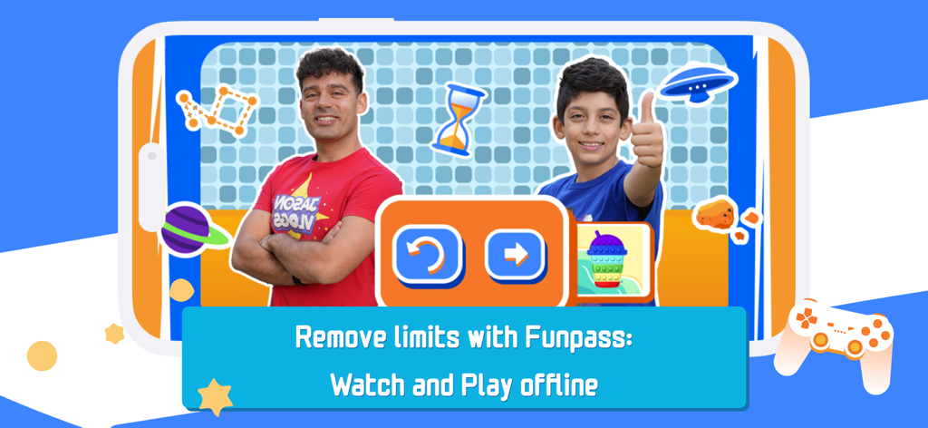 제이슨과 알렉스 캐릭터가 제이슨 브이로그 앱에서 오프라인 영상 및 게임을 위한 펀 패스를 홍보하고 있다