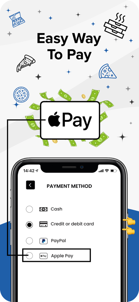 Schermata del metodo di pagamento nell'app di consegna che mostra Apple Pay e altre opzioni di checkout sicuro