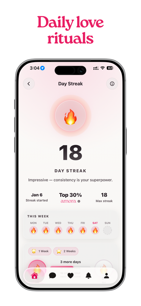 Amora: Couples & Relationship - Amora app interface showing an 18 day streak for daily love rituals