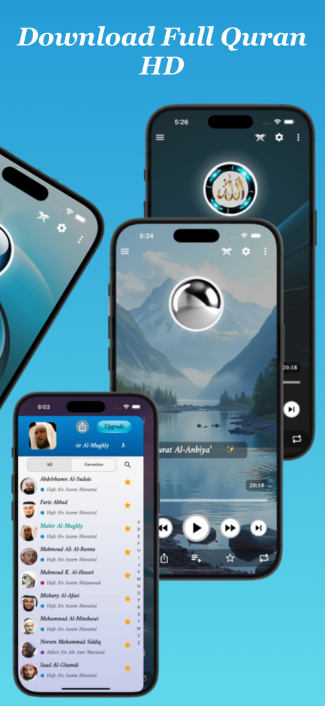 Quran MP3 app screenshots showing a list of famous reciters and the audio player with a scenic mountain background
