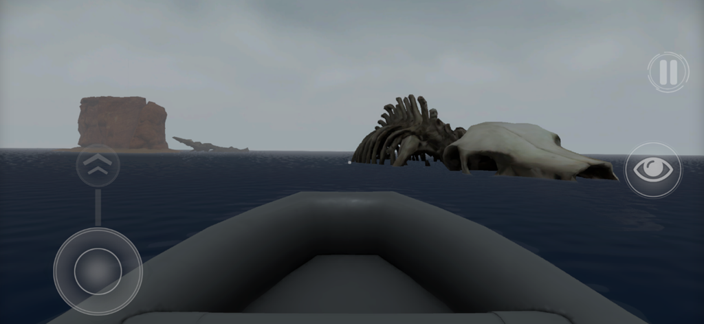 First person view from a boat of a giant aquatic skeleton in a vast ocean