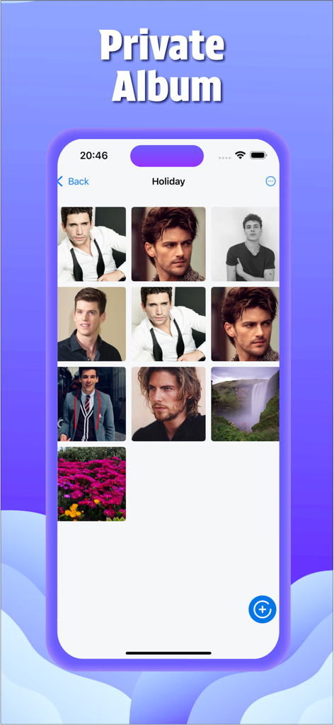 Dual Space: Multiple Parallel - A mobile interface showing the private album feature with a grid of hidden photos in a holiday folder