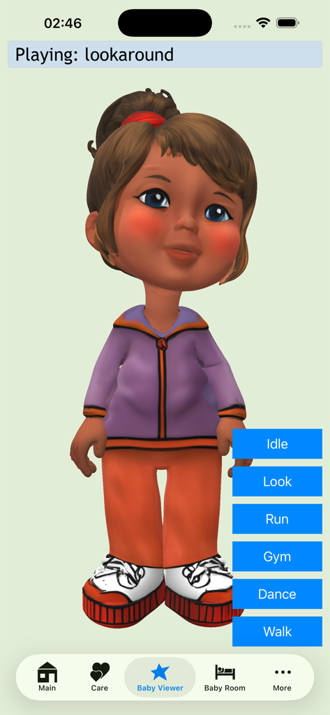 Baby Adopter Holidays - 3D animated baby girl in the Baby Viewer screen of the Baby Adopter Holidays app