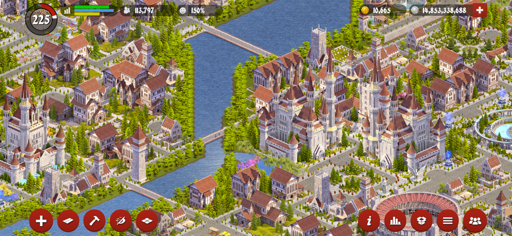 Designer City: Medieval Empire - Top-down view of a detailed medieval city with white castles and a river crossing