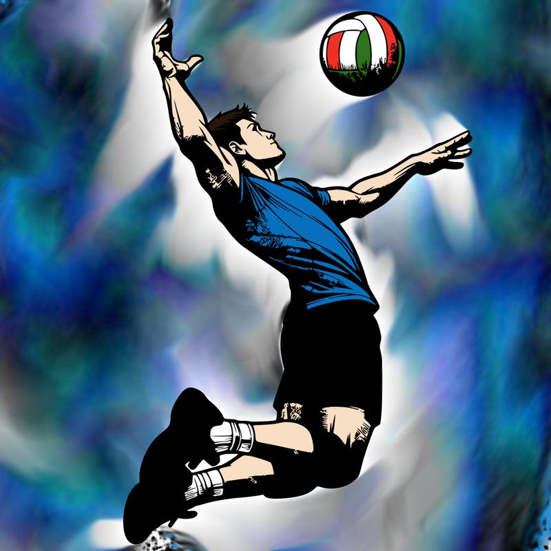 realistic volleyball player who spikes while jumping
