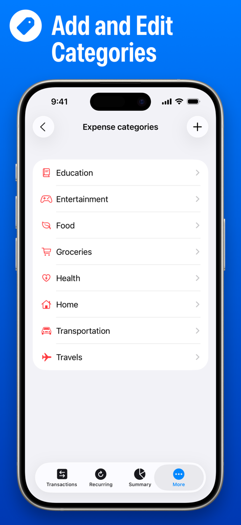 Numi mobile app screen showing a list of expense categories for personal finance tracking