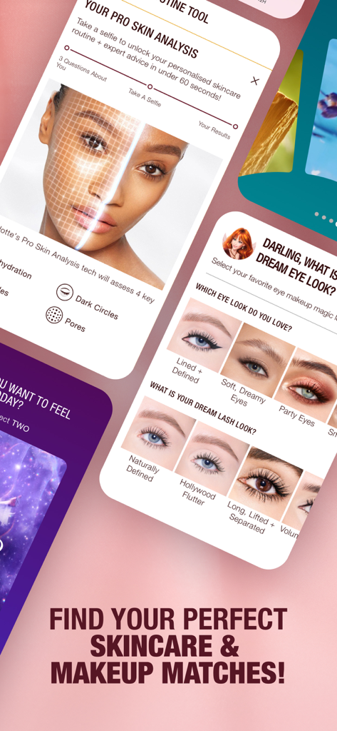 CHARLOTTE TILBURY: EASY BEAUTY - Charlotte Tilbury app screens showing AI pro skin analysis and personalized eye makeup look recommendations
