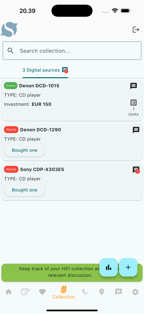 Hifishark Companion - Hifishark Companion app interface showing a list of owned and wanted hifi audio equipment including CD players.