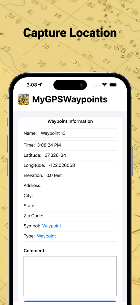 GPS Waypoint - MyGPSWaypoints - Mobile screen showing precise GPS waypoint information including latitude, longitude, and elevation.