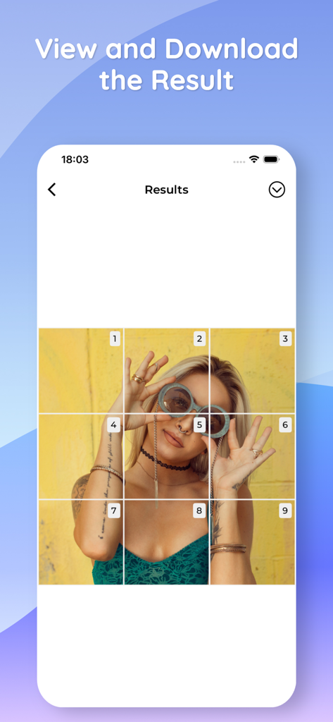 Photo Layout Maker - Grid Post - Interface do aplicativo móvel mostrando uma divisão de grade 3x3 de um retrato para redes sociais