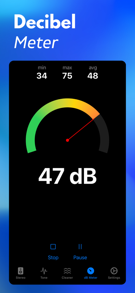 A decibel meter screen from the Speaker Cleaner app showing a real-time noise level of 47 dB with a color-coded gauge.