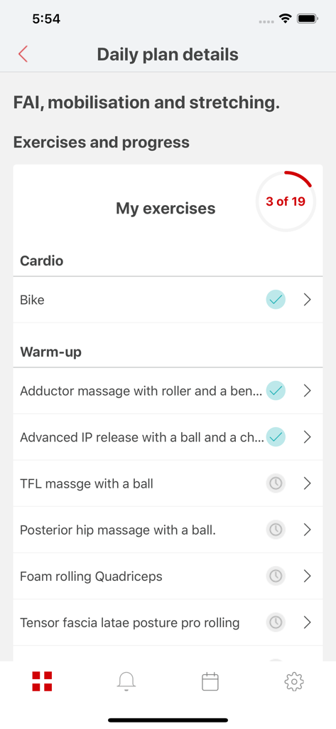 PTassistance - PTassistance app screen showing a daily physical therapy plan with exercise categories and progress tracking