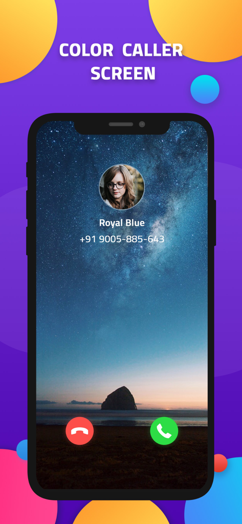 A smartphone showing a personalized incoming call screen with a starry night background and a contact profile picture