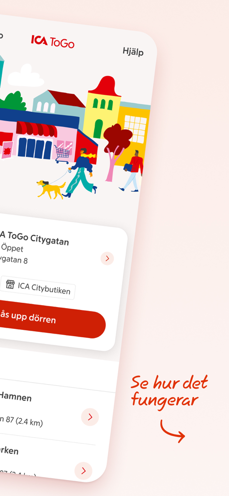 ICA ToGo - obemannad butik - ICA ToGo mobile app interface showing store selection and the unlock door button for unmanned retail