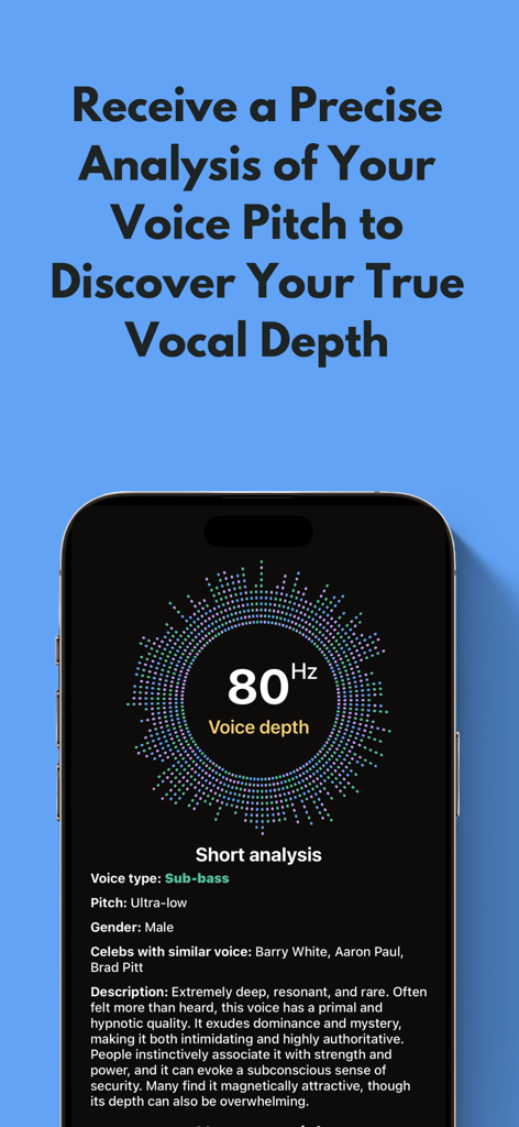 Deep Voice: Pitch Coach - A smartphone screen displaying a voice pitch analysis of 80Hz and a sub-bass voice classification in the Deep Voice app