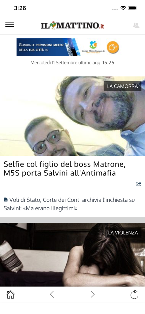 Homepage of the Il Mattino news app displaying Italian headlines and articles.